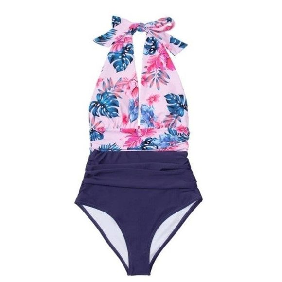 CUPSHE Navy Floral Deep V-neck Halter One-Piece Swimsuit Sexy Backless L… - Picture 1 of 9